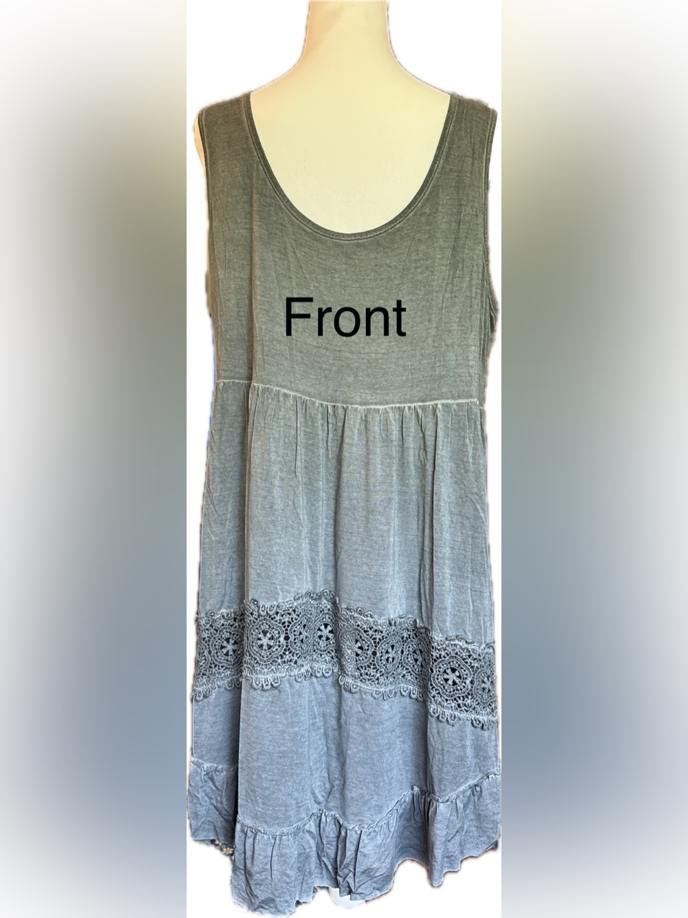 Umgee Gray Sleeveless empire waist dress with crochet detail and ruffle hem